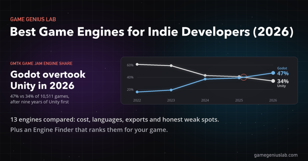 Best Game Engines For Indie Developers: Line Chart Of GMTK Game Jam Entries, Where Godot Overtakes Unity, 47% To 34%, In 2026
