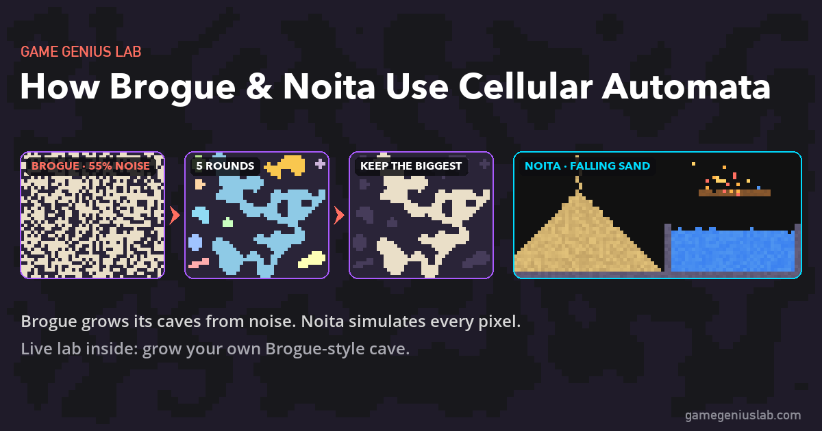 Cellular automata in games: Brogue's cave pipeline from random noise to five smoothing rounds to the biggest blob, next to a Noita-style falling-sand scene with a sand pile, water basin and burning beam