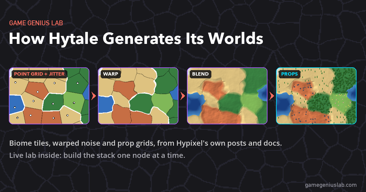 Hytale world generation, rebuilt as a four-step stack: jittered biome tiles, warped tile borders, blended terrain, and props scattered on a point grid