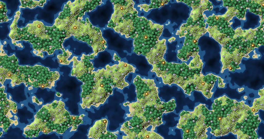 A Painted Island World Made With Poisson Disk Sampling: Forests Of Evenly Spaced Trees, Meadows Dotted With Flowers, Rocks Along The Beaches And Glowing Treasure Chests Far Apart, Surrounded By Shallow And Deep Water