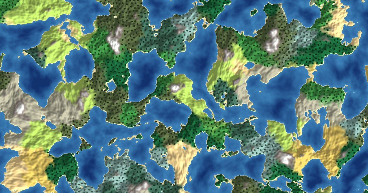 Procedural biome generation: a world map of warped Simplex noise islands colored by Voronoi biome regions, with Poisson-scattered trees